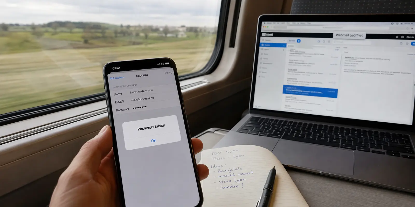 Mail-App mit falscher Passwortmeldung neben funktionierendem Webmail im TGV nach Lyon