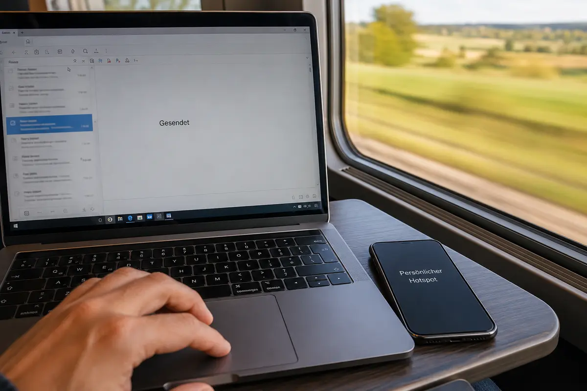 Gesendete Mail auf dem Laptop nach dem Wechsel zum mobilen Hotspot im fahrenden TGV