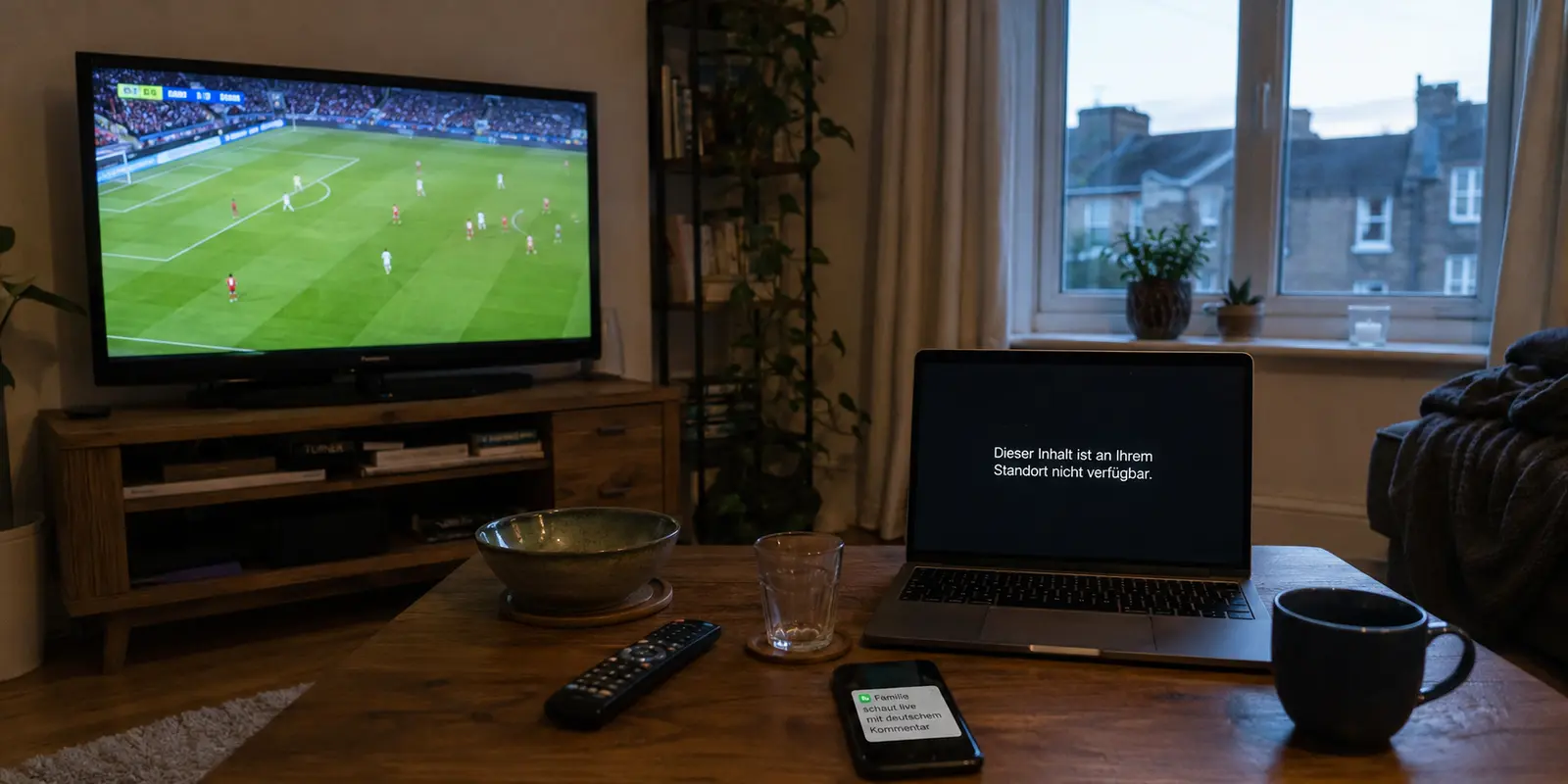 Britische Fußballübertragung auf dem Fernseher und gesperrter deutscher Livestream auf dem Laptop