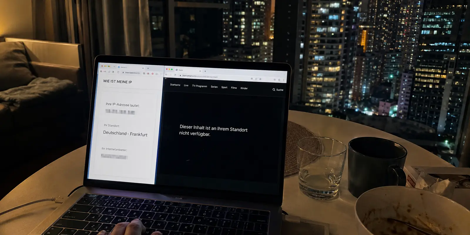 IP-Test mit Standort Frankfurt neben einem weiterhin gesperrten deutschen Sportstream in Hongkong