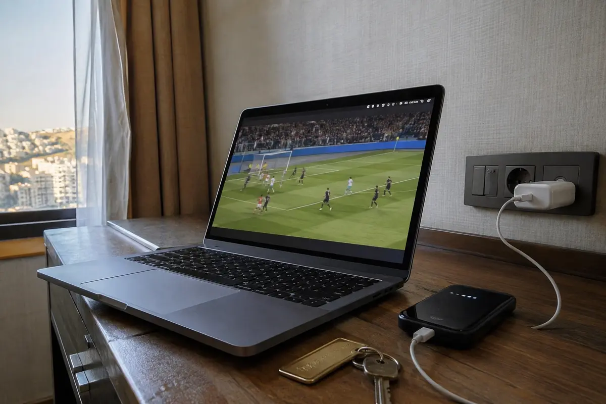 Eine Fußballsendung läuft auf einem Laptop in einem Hotelzimmer in Amman