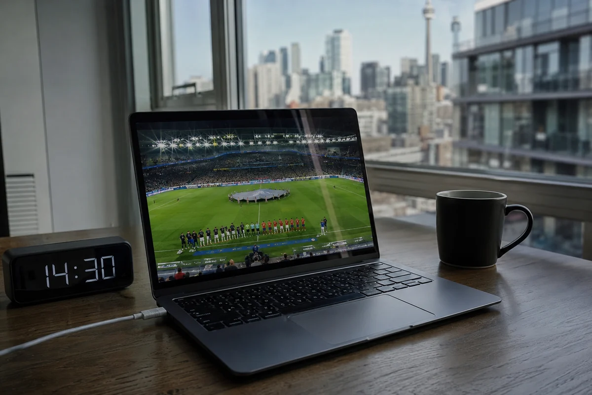 Funktionierender Fußball-Livestream auf einem Laptop in Toronto zum Anpfiff