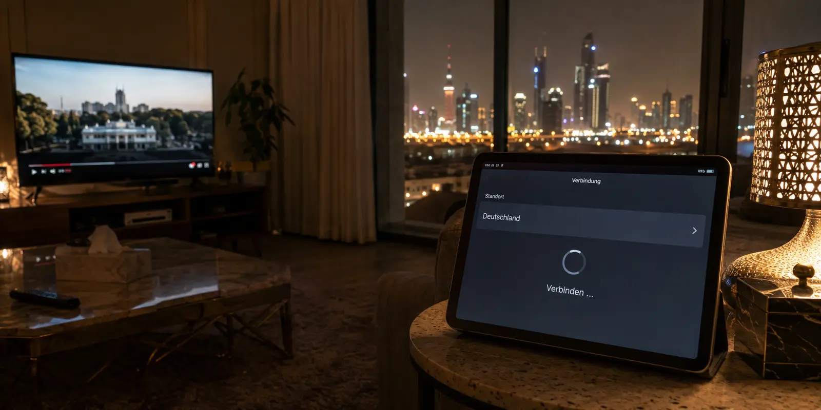 Ein Tablet in Kuwait bleibt beim Aufbau einer deutschen VPN-Verbindung hängen, während normales Internet weiterläuft
