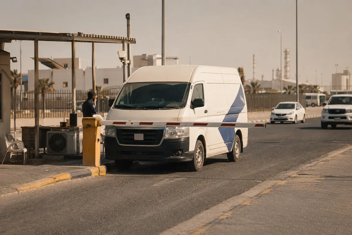 Ein geschlossener Lieferwagen wird an einer Zufahrt in Kuwait anhand seines auffälligen Äußeren angehalten