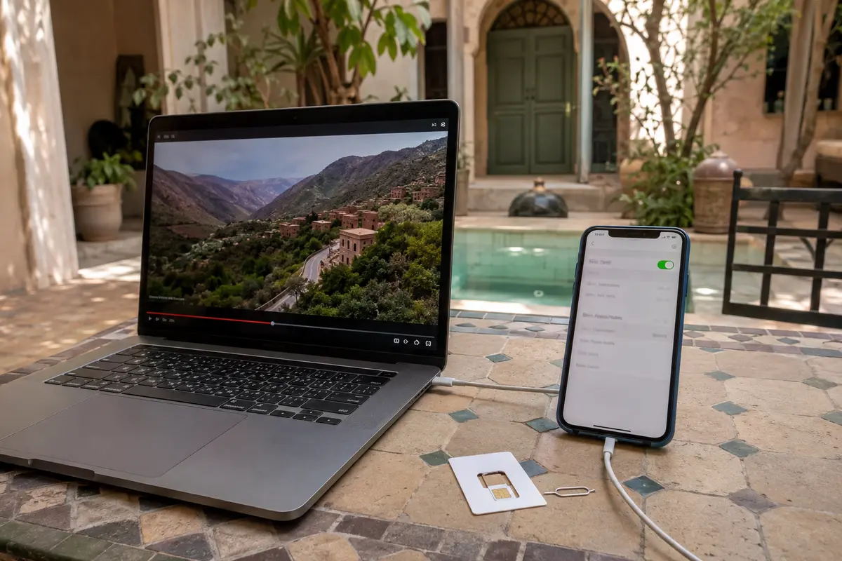 Ein Laptop nutzt im Innenhof eines Riads den mobilen Hotspot eines Telefons