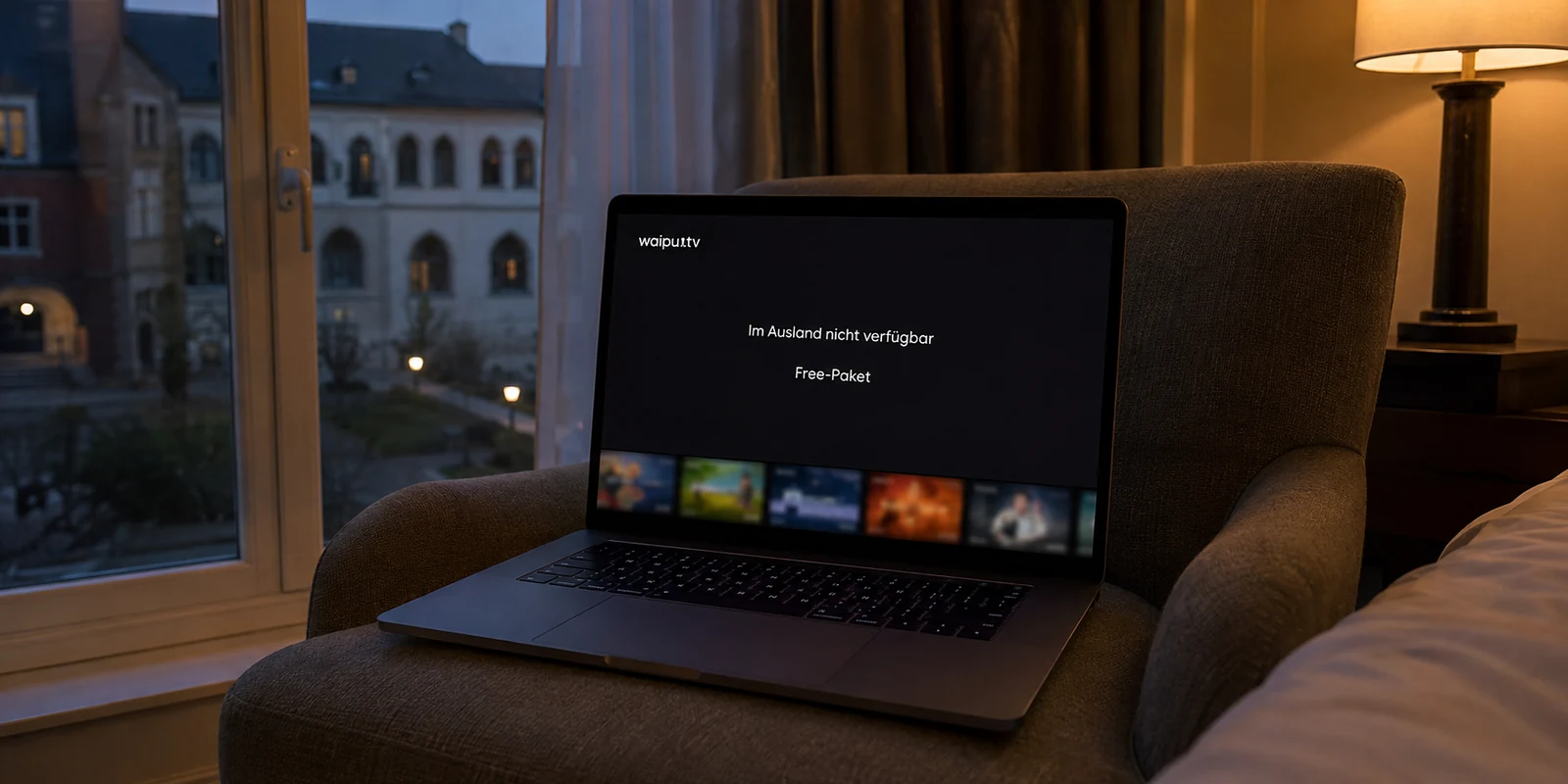 Der waipu.tv-Webplayer meldet im Wiener Hotel, dass das Free-Paket im Ausland nicht verfügbar ist.