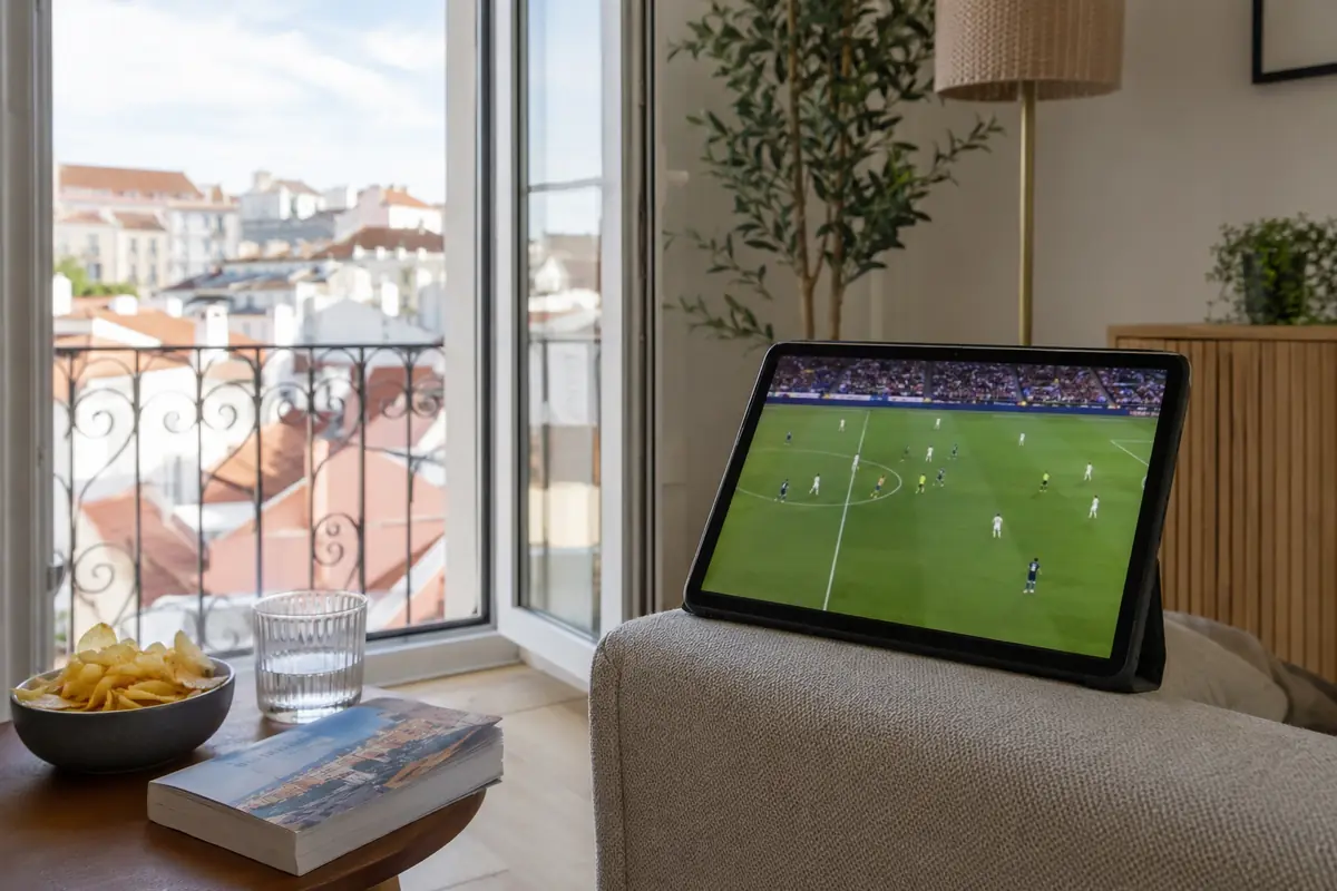 Ein Fußballspiel läuft auf einem Tablet in einer Wohnung in Lissabon.