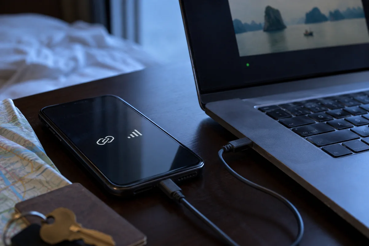 Smartphone als Mobilfunkverbindung neben einem Laptop im Hotelzimmer