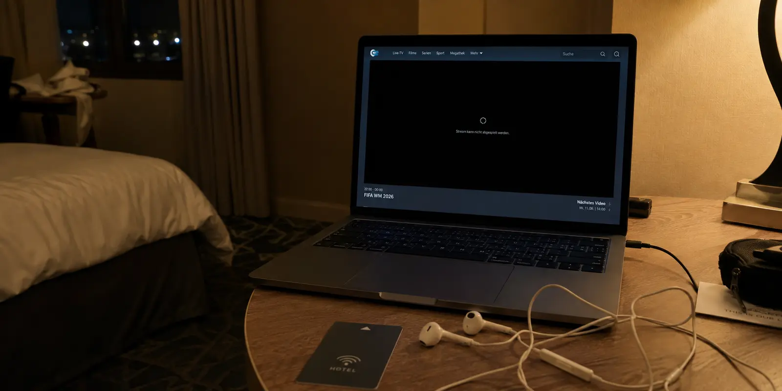 Schwarzer MagentaTV-Stream auf einem Laptop im Hotelzimmer