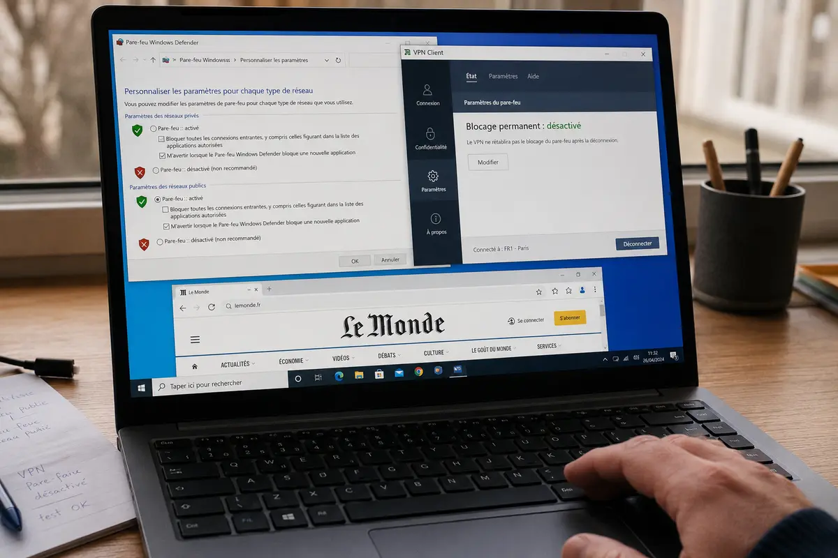 Le blocage permanent de l’ancien VPN est désactivé tandis que le pare-feu Windows reste actif et que le navigateur fonctionne.