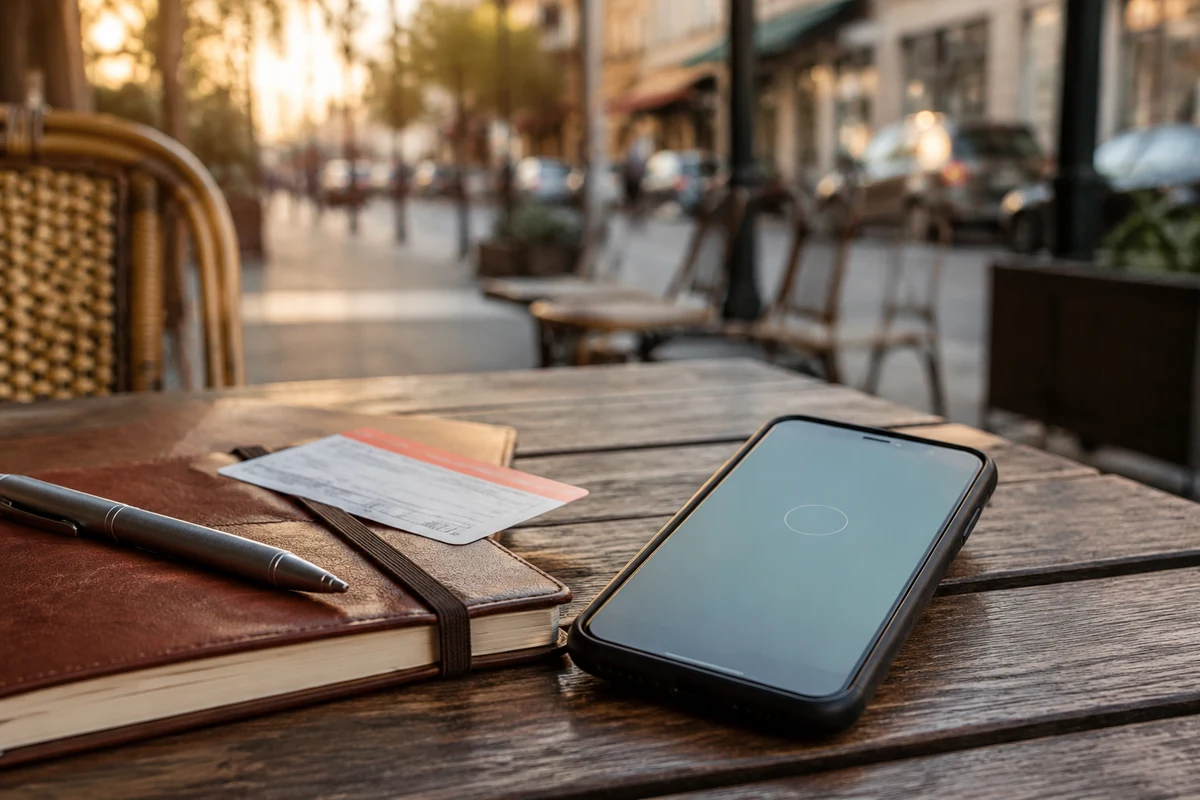 Smartphone mit wartender Verbindung auf einem Café-Tisch während einer Reise