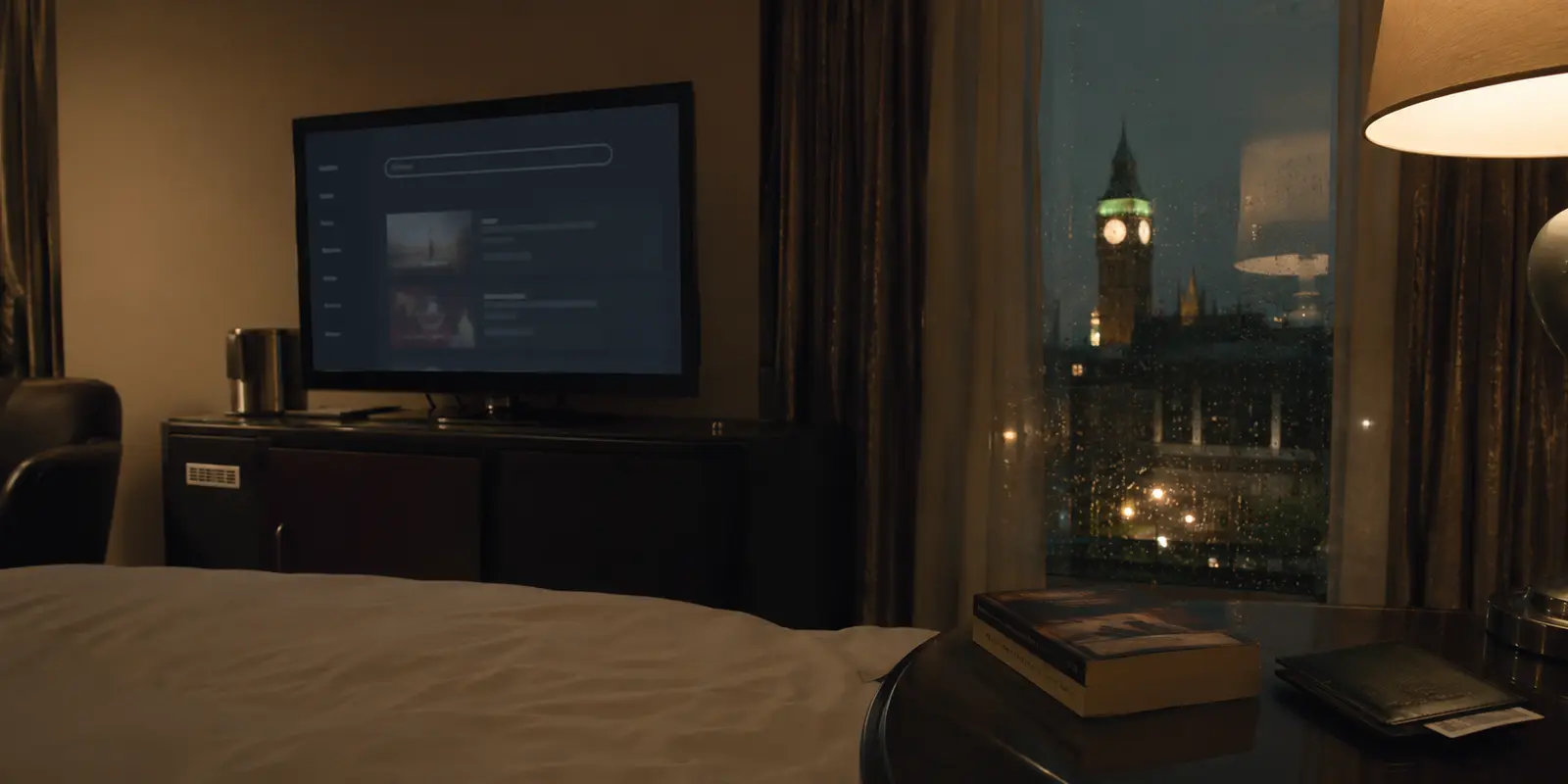Série ausente do catálogo de streaming num quarto de hotel em Londres