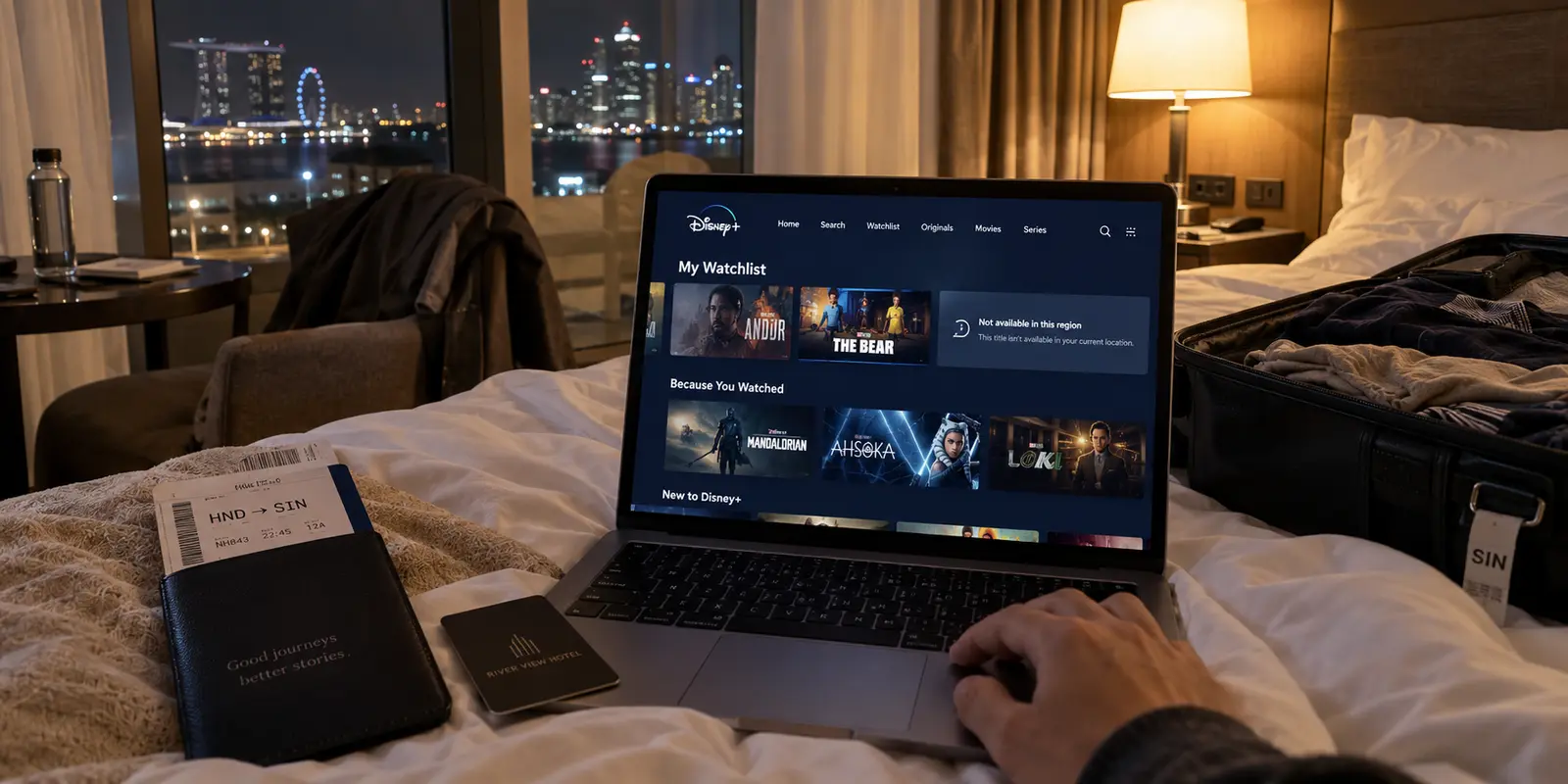 A hotel-room laptop shows that a streaming title is unavailable in the current region after arrival abroad.