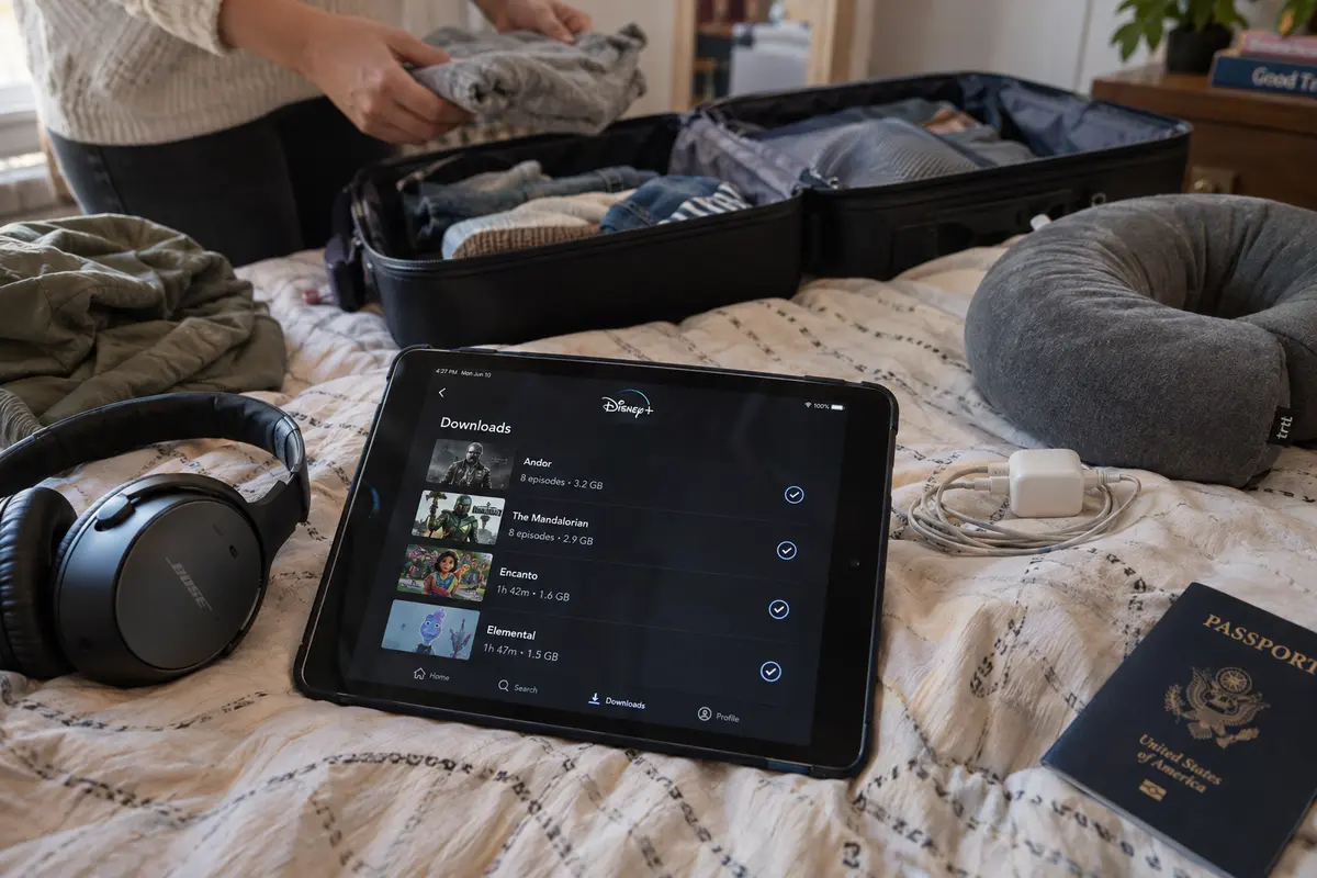 A tablet shows completed Disney+ downloads beside an open suitcase, headphones, and travel essentials.