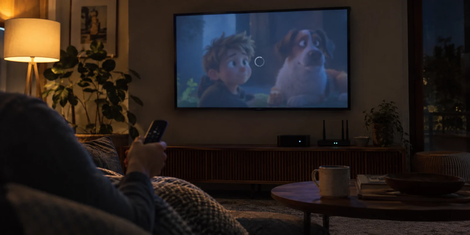 A movie freezes on a television with a loading ring while a viewer holds the remote.