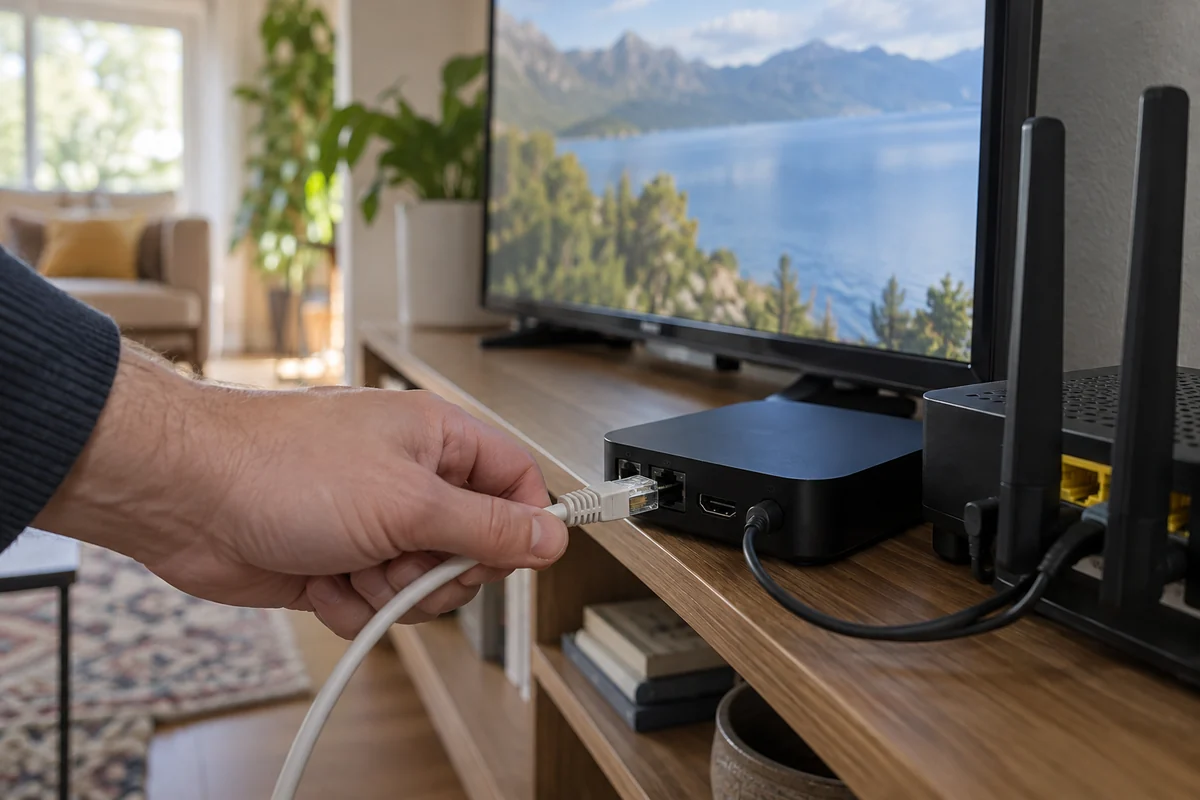 An Ethernet cable is plugged into a streaming box to test the local network directly.