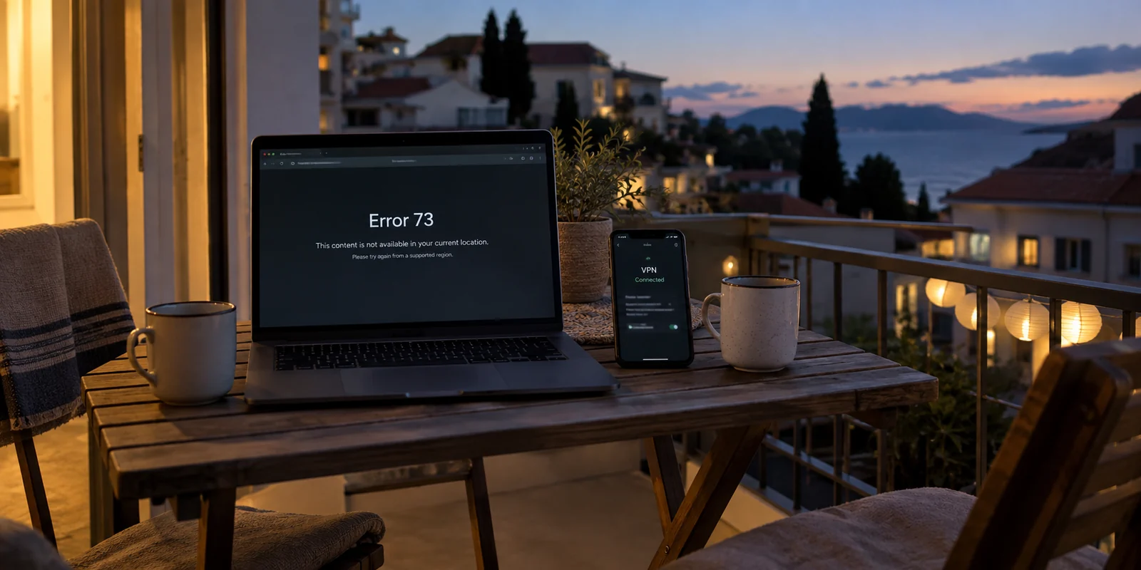 A laptop shows Error 73 while a VPN is connected during an evening stream