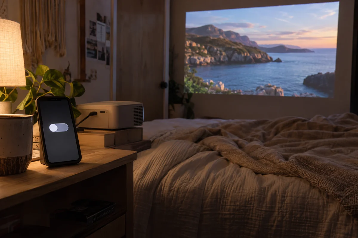 A bedroom projector plays normally while the phone VPN is switched off