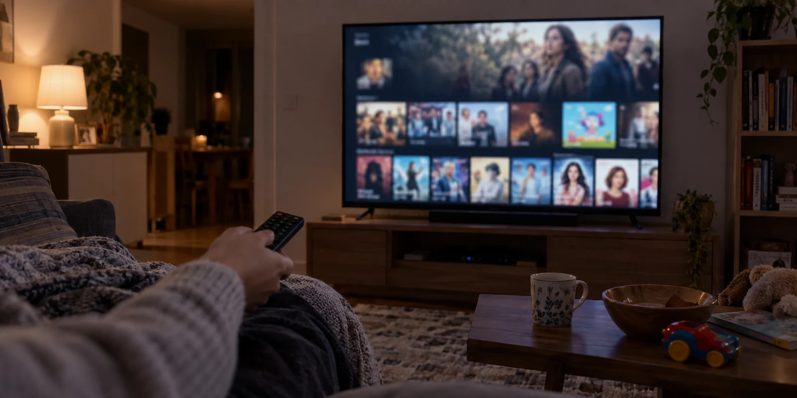 A television displays an unfamiliar regional streaming catalog in a family living room