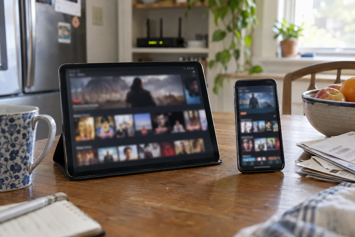 A tablet and phone show different streaming catalogs over Wi-Fi and cellular data