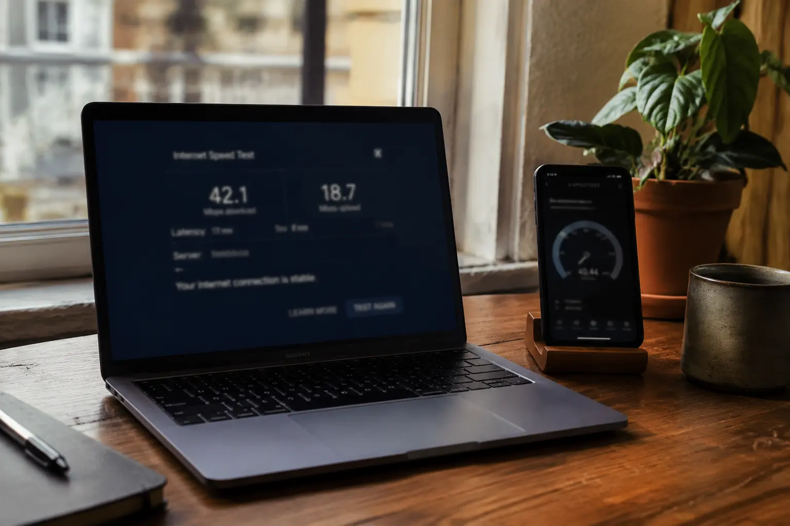 Ordinateur et téléphone comparant leurs tests réseau