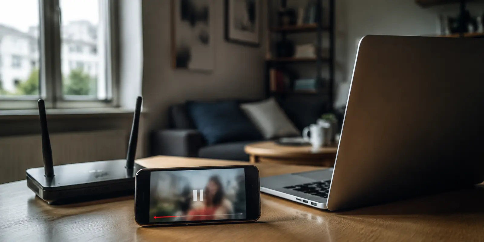 A phone streaming video beside a laptop and router