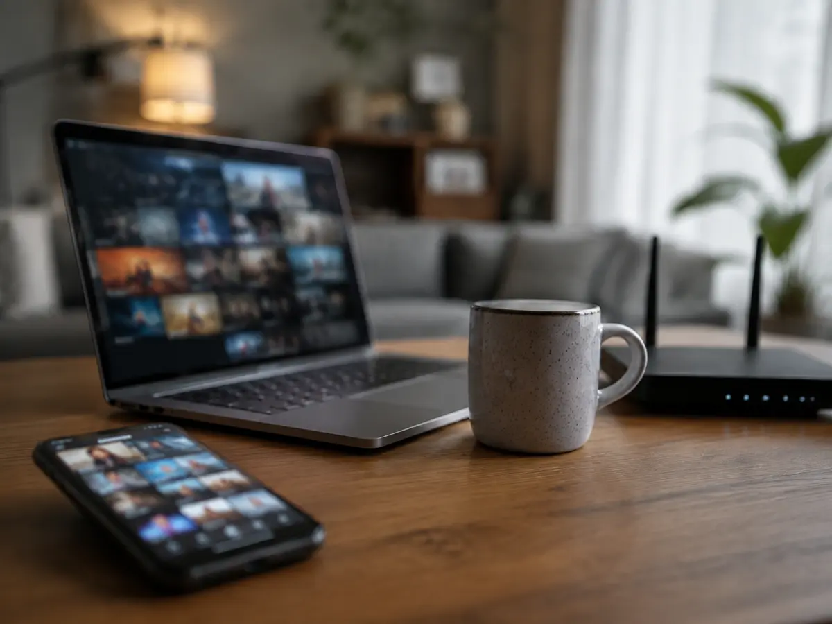 A phone streaming video beside a laptop and router
