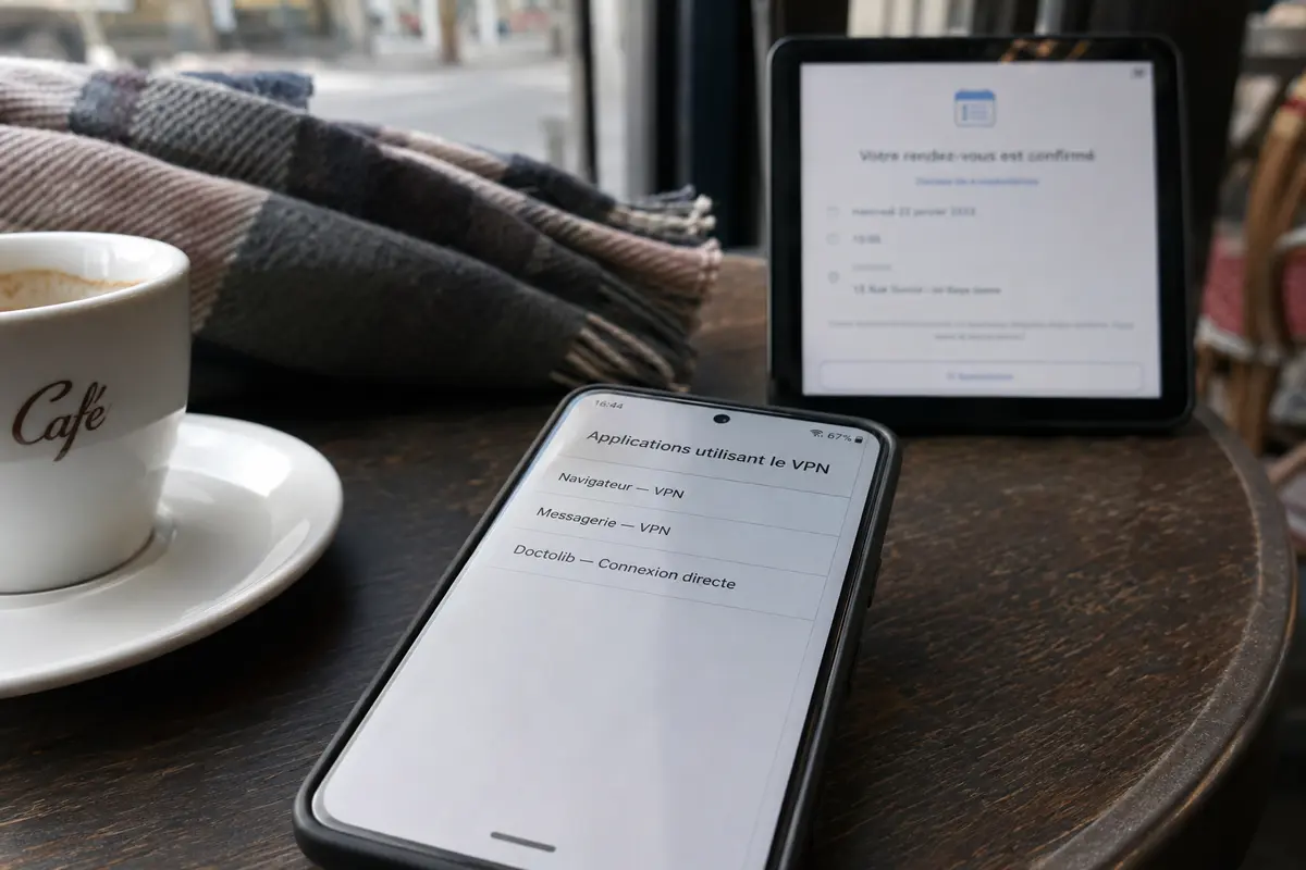 Le navigateur et la messagerie utilisent le VPN tandis que Doctolib conserve une connexion directe