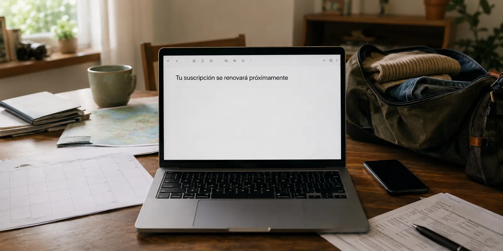 Correo que avisa de una próxima renovación junto a una bolsa de viaje preparada