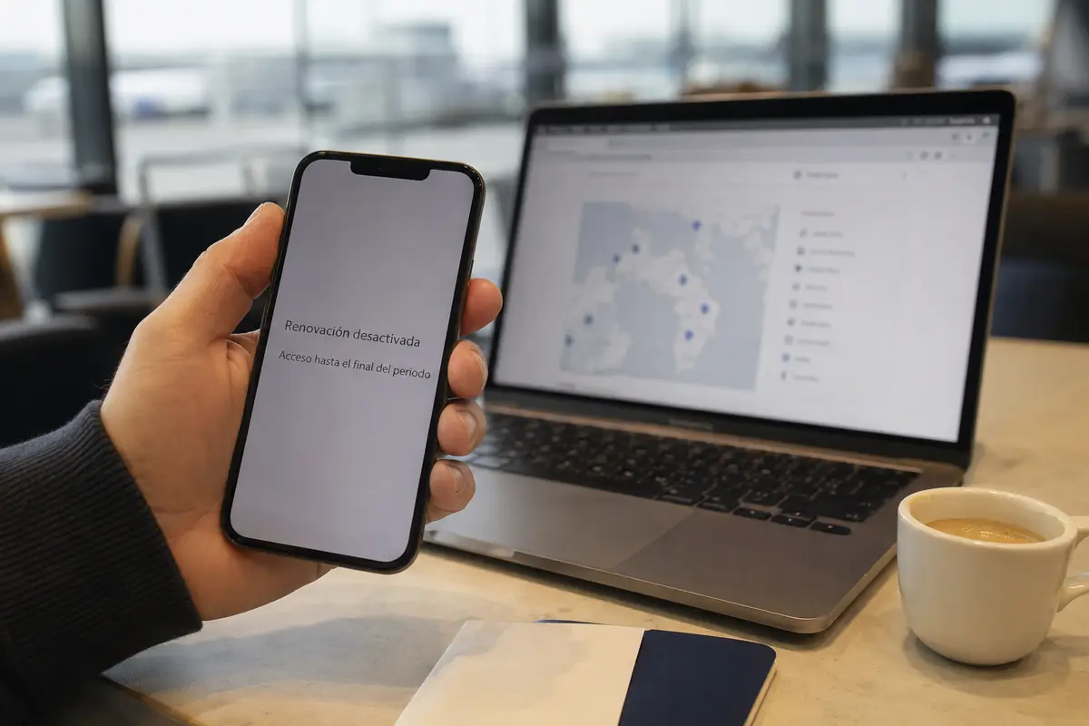 Teléfono que confirma la renovación desactivada mientras el acceso pagado sigue funcionando en el portátil