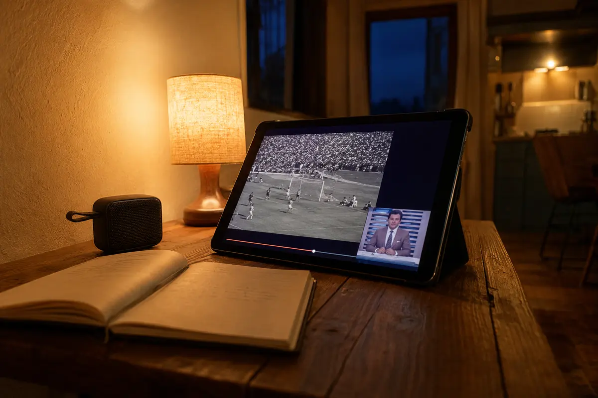 Un programa deportivo de archivo con fútbol antiguo y presentador de estudio se reproduce en una tableta.