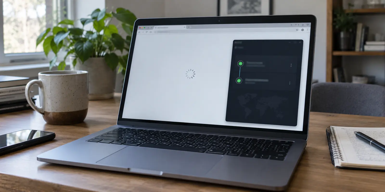 A laptop shows a two-hop VPN connection while the browser remains stuck loading