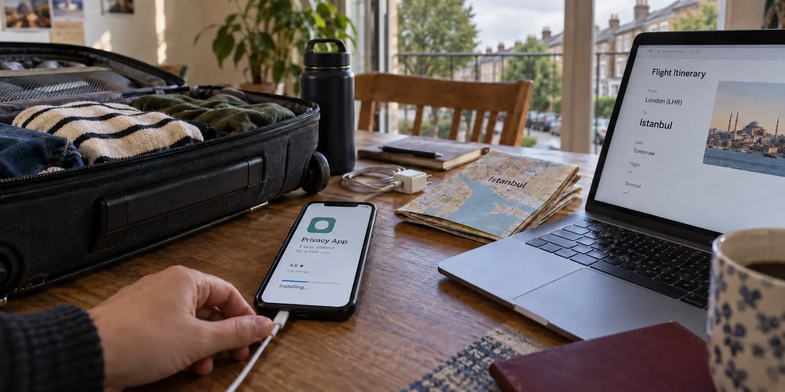 Installing and charging a privacy app before a flight from London to Istanbul