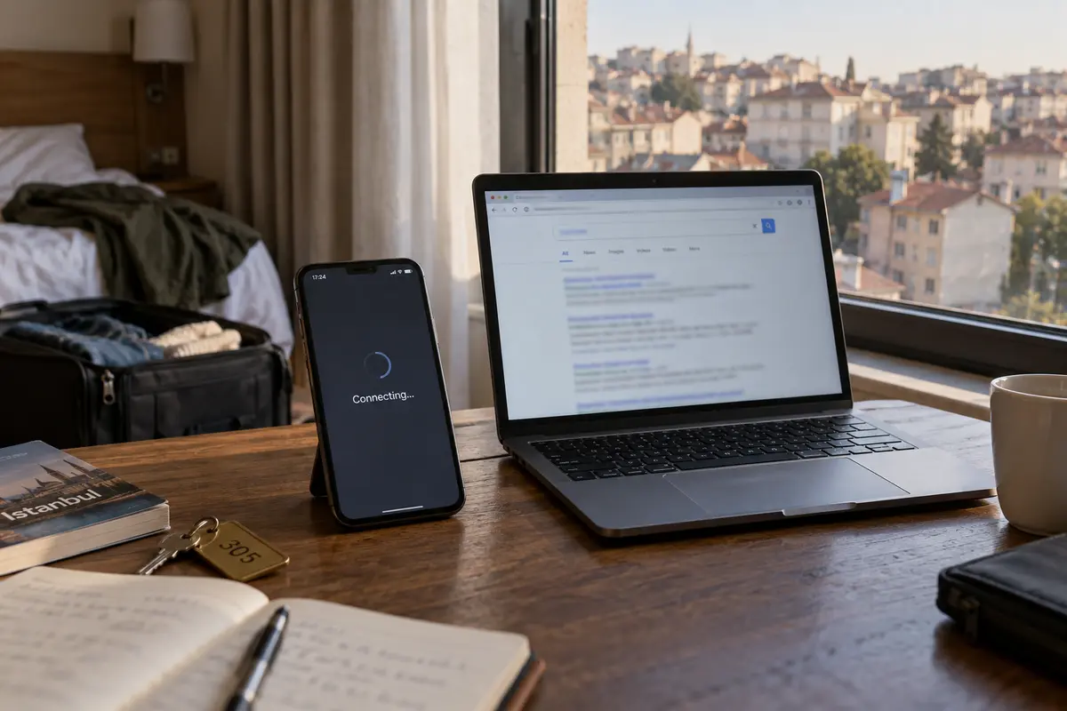 A VPN stuck connecting in an Istanbul hotel while ordinary web pages still load
