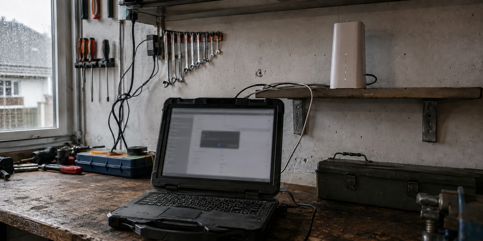 Ein robustes Notebook versucht neben einem aktiven 5G-Router in einer Werkstatt eine VPN-Verbindung aufzubauen