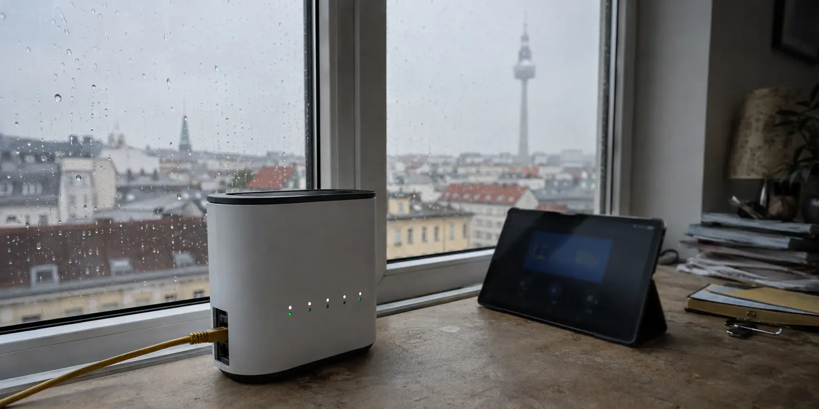 5G-Heimrouter in einer Wiener Wohnung, während der WireGuard-Handshake von außen ausbleibt