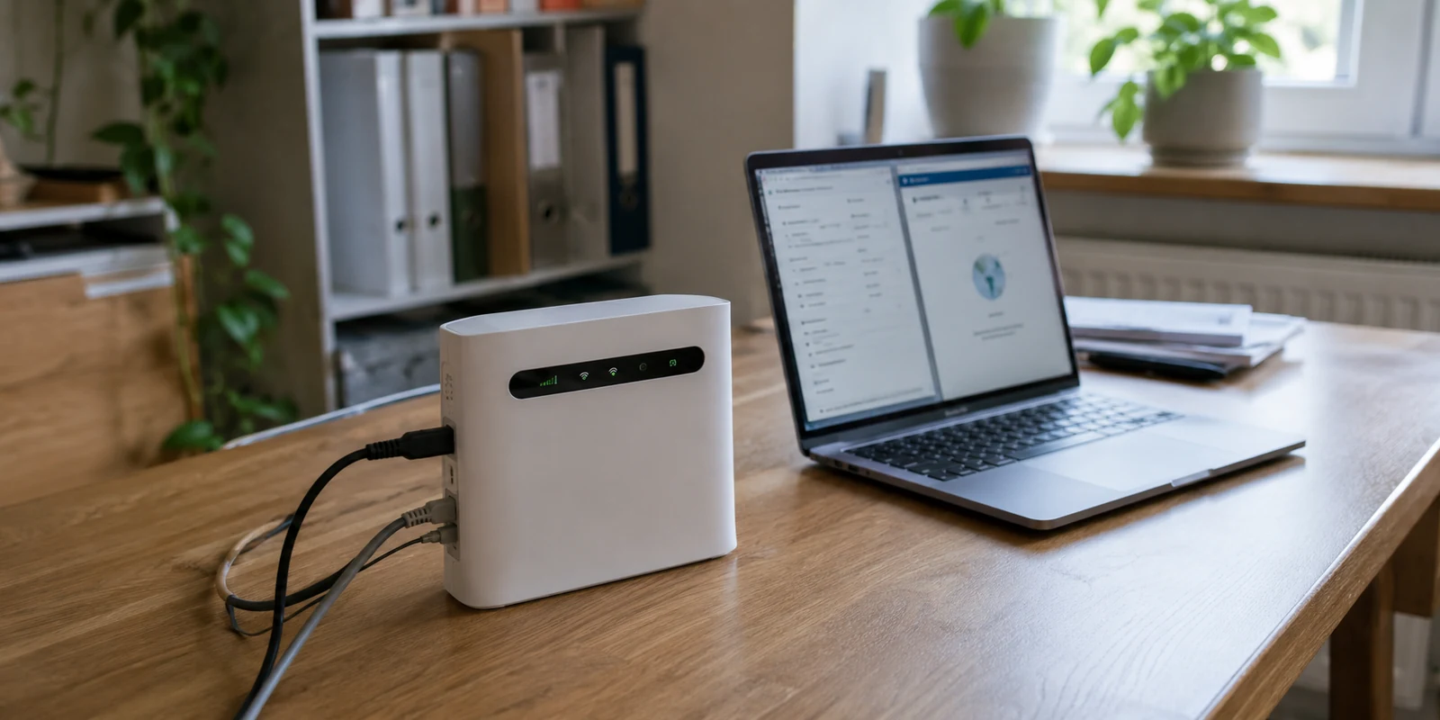 Mobilfunk-Heimrouter neben einem Laptop mit zwei unscharfen IP-Diagnoseansichten