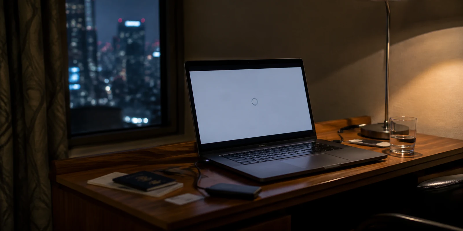 Laptop mit wartender Verbindung auf einem Hoteldesk während der Zugriff auf das Heimnetz scheitert