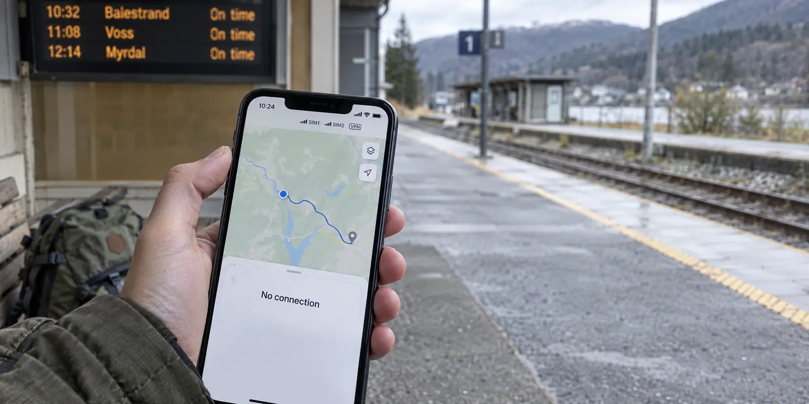A traveler at a rural train platform holding a phone with two SIM indicators and VPN active but no map connection