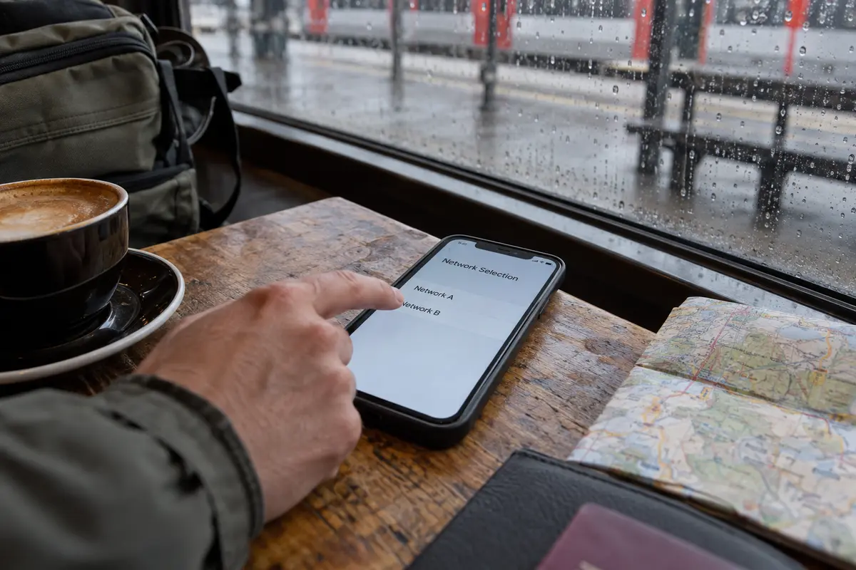 A traveler checking two available local networks for one eSIM on a phone at a station café