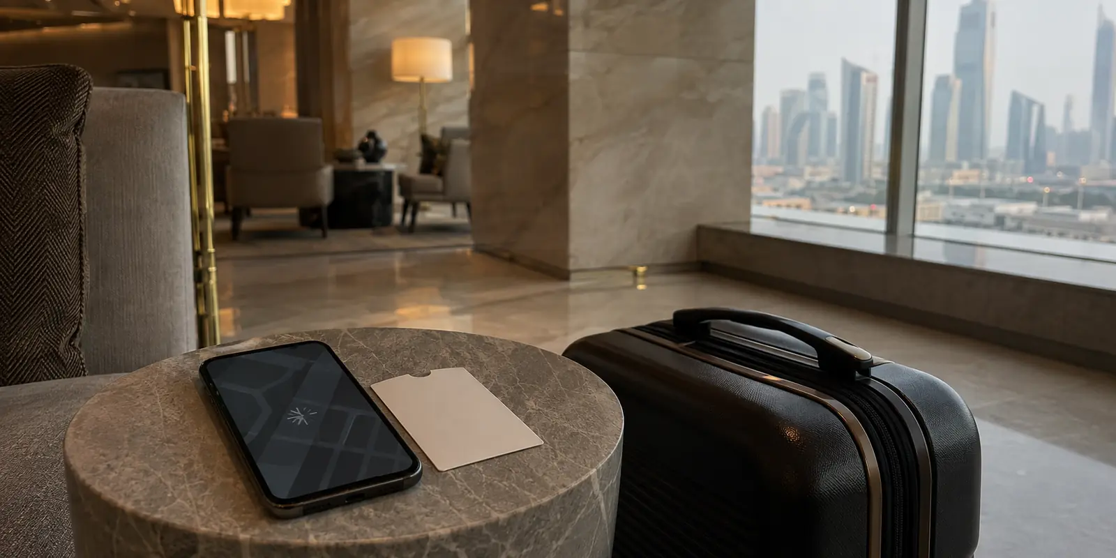 A stalled map page on a phone beside a hotel key sleeve and carry-on in a Dubai lobby