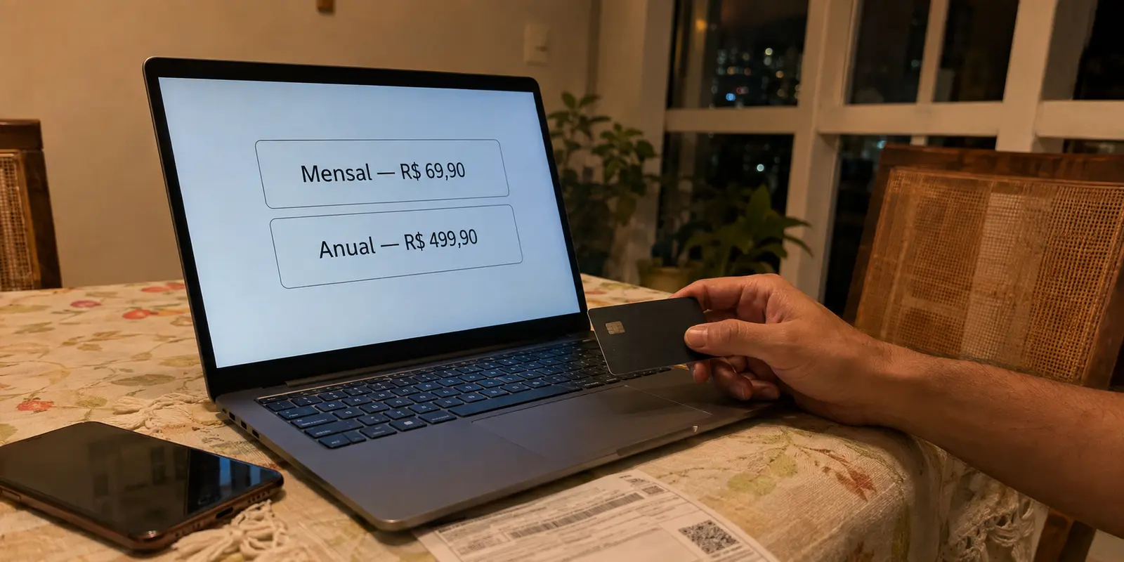 Pessoa compara no notebook os preços mensal e anual de uma VPN antes de pagar