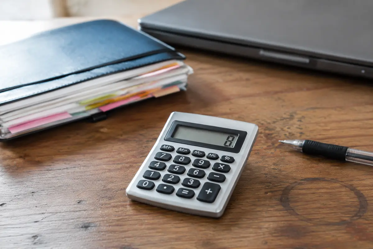 Calculadora marcando oito ao lado de uma agenda usada e um notebook