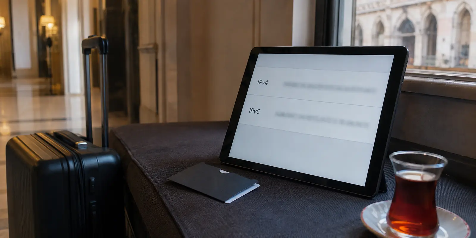 Una tableta en el vestíbulo de un hotel de Estambul muestra resultados separados de IPv4 e IPv6
