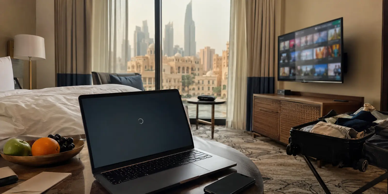 Portátil, móvil y Smart TV en una habitación de hotel de Dubái