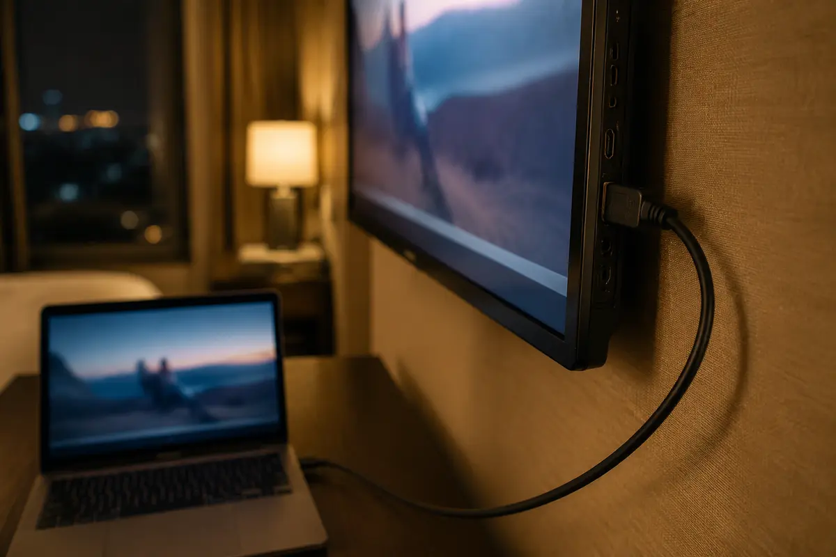 Cable HDMI conectado entre un portátil y la televisión de un hotel