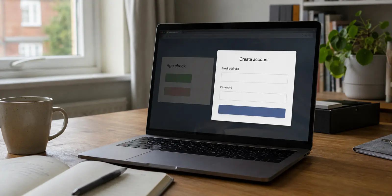 A VPN signup form asking for an email address and password in front of an age-check page