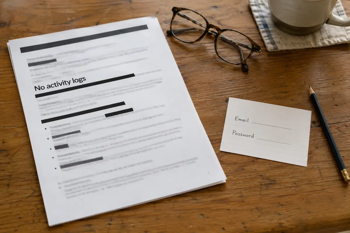 A no-activity-logs audit report beside blank email and password fields