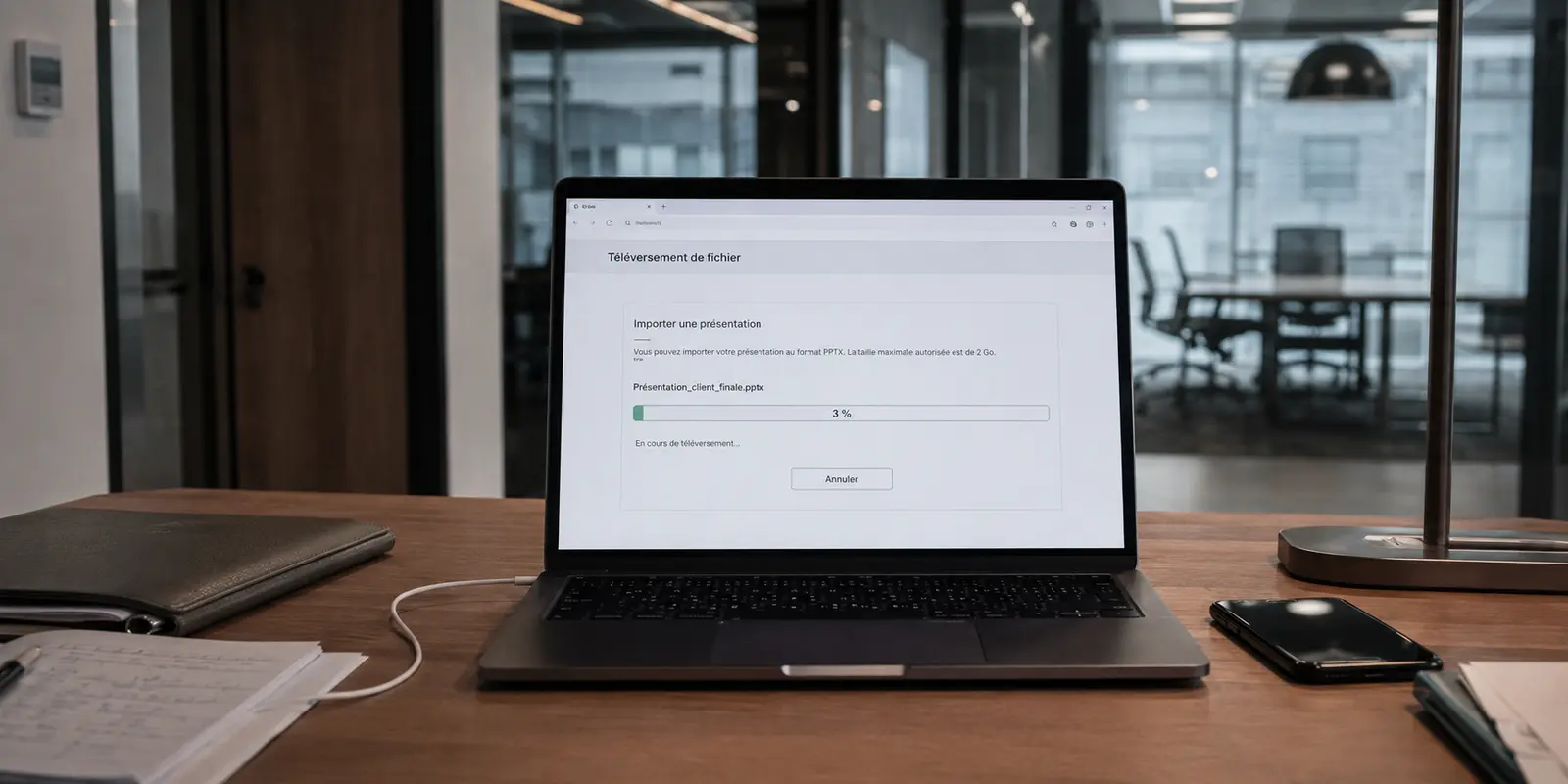 Un téléversement de présentation bloqué à 3 % sur un ordinateur connecté au Wi-Fi d’une entreprise