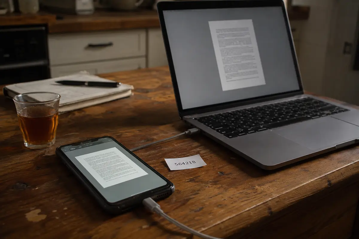 Un teléfono y un portátil muestran el mismo documento recuperado junto a un código de verificación